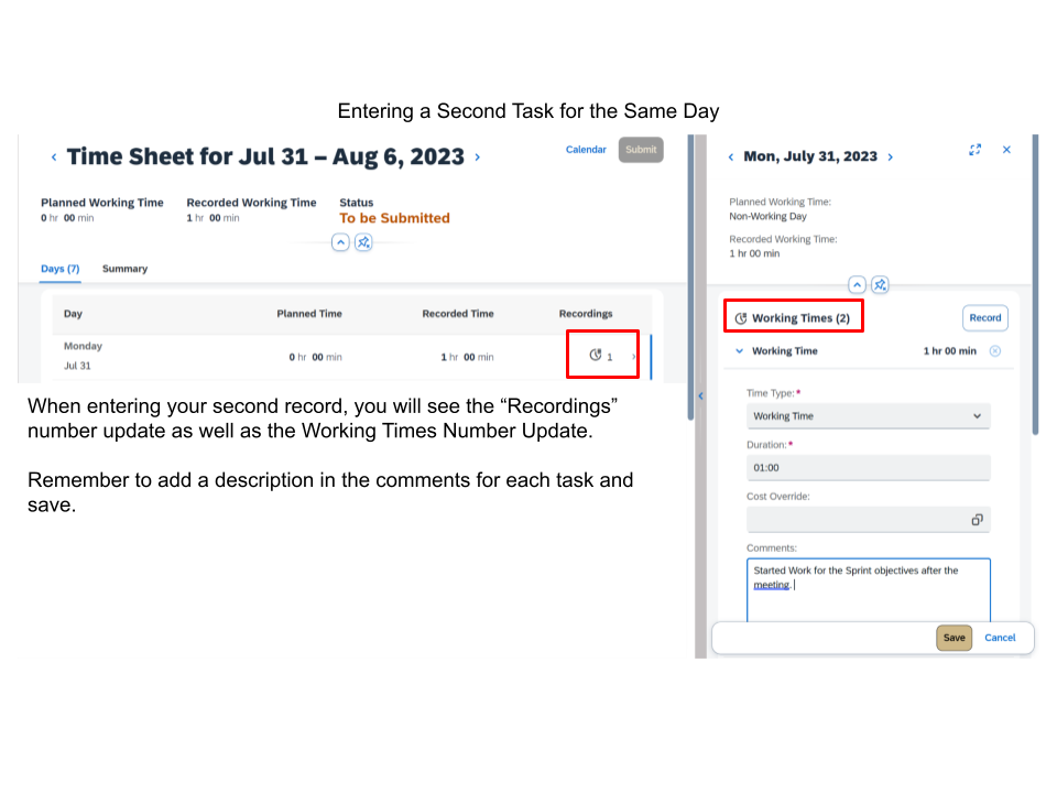 Recording a Second Task for the Same Day